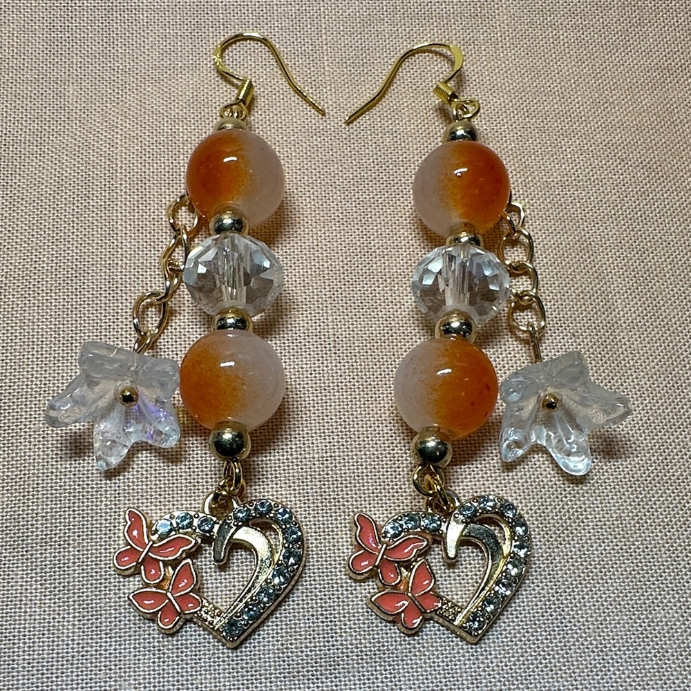 925 Chic Gold and Orange Heart Dangle Earrings